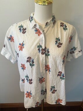 Madewell White Floral Embroidered Hilltop Hawaiian Print Short Sleeve Shirt Med